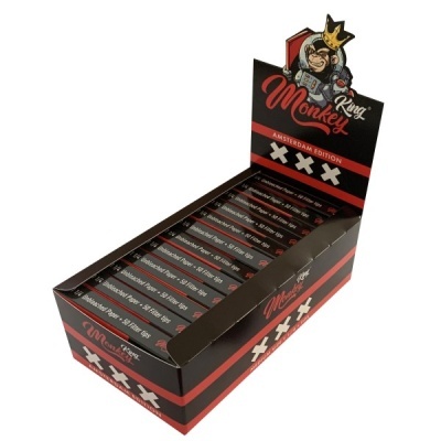 Caixa de exibição Monkey King Amsterdam Edition com pacotes de papel para enrolar e filtros.