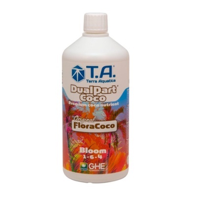 Frasco de nutriente líquido T.A. Terra Aquatica Dual Part Coco com design colorido e texto visível
