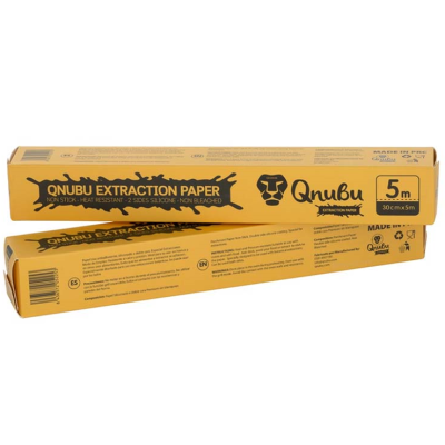 Embalagem laranja de papel extração Qnubu com texto preto e logótipo de leão.