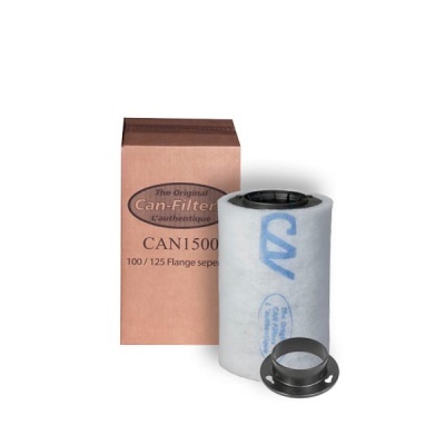 Filtro de carvão activado branco com flange metálica preta e caixa de cartão castanha
