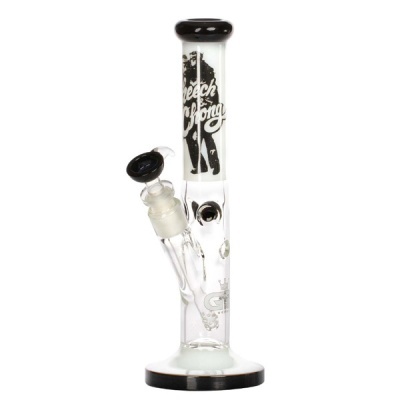 Bong de vidro transparente com detalhes pretos e inscrições CHEECH & CHONG e GT em fundo branco