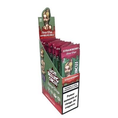 Embalagem Hemp Wrap Lion Rolling Circus com ilustração e texto de aviso em espanhol