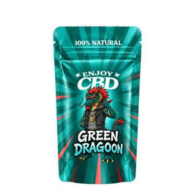 Embalagem verde com dragão e texto promocional CBD