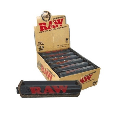 Rolo para enrolar tabaco preto com nome RAW vermelho e caixa de cartão castanha RAW
