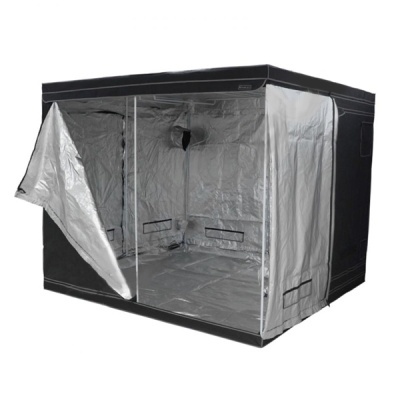 Tenda de cultivo interior retangular preta com interior prateado refletor e zíper frontal aberto