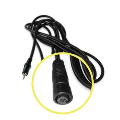 Cabo preto com conector jack de 3,5 mm e conector circular fêmea com cinco pinos