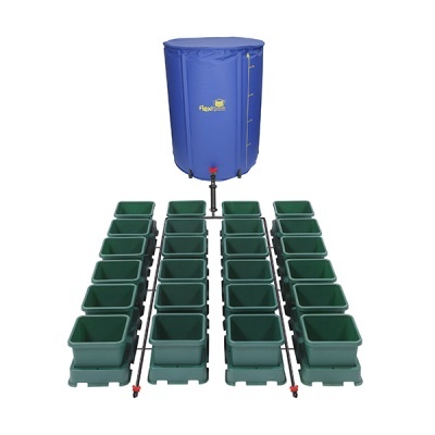 Sistema de cultivo modular com vasos verdes e reservatório azul Fleet Farm