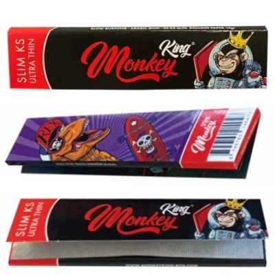 Pacote de papel para enrolar King Monkey com ilustração de macaco e cores preto, vermelho e roxo.