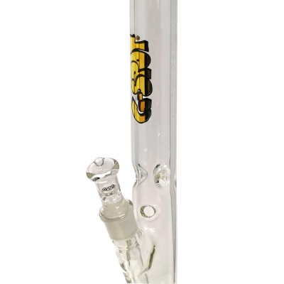 Bong de vidro transparente com logo GSP amarelo e preto