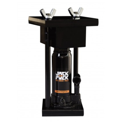 Macaco hidráulico preto com texto JACK PACK THE SMART PRESS
