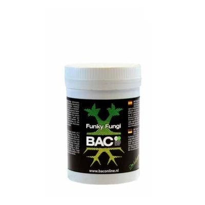 Frasco branco com rótulo preto, verde e amarelo do produto BAC Funky Fungi