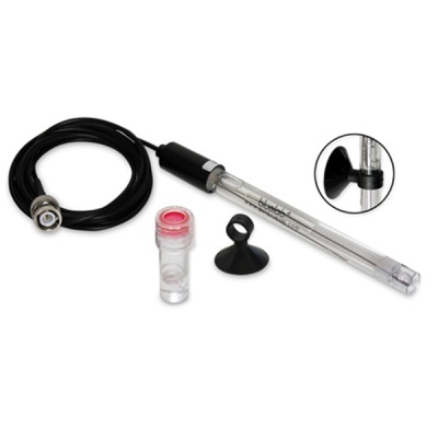 Eletrodo de vidro com cabo, suporte de ventosa e recipiente pequeno em fundo branco