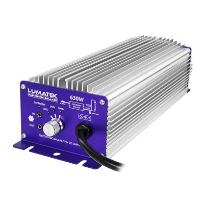 Balastro eletrónico Lumatek 630W com corpo metálico prateado e painel azul