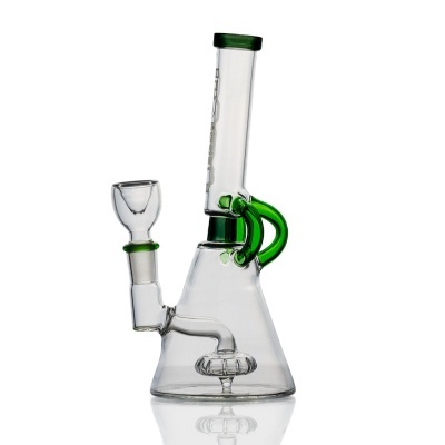 Bong de vidro transparente com detalhes em verde e base cónica