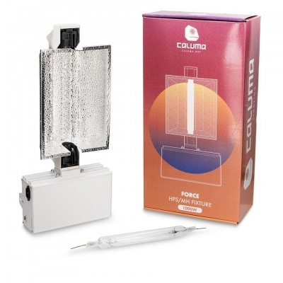 Luminária CALUMA FORCE com reflector prateado e tubo de vidro, embalagem cor de vinho e rosa
