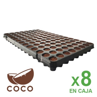 Bandeja preta para plantação com substrato marrom e texto x8 EN CAJA