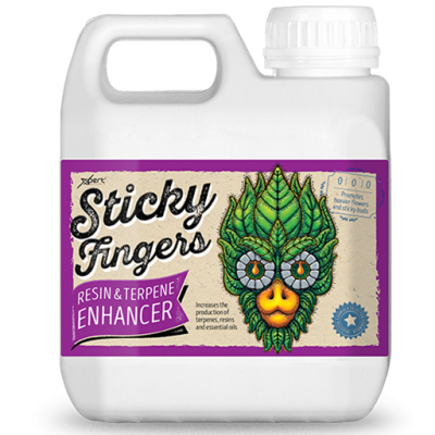 Recipiente plástico com alça e rótulo roxo e bege com nome Sticky Fingers e ilustração de face verde