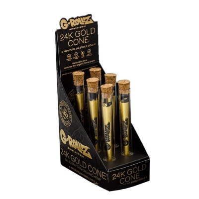 Expositor preto com tubos transparentes e cones dourados 24K Gold Cone da G-Rollz