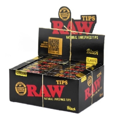 Embalagem preta de RAW TIPS com texto vermelho e amarelo, código QR e várias caixas dentro