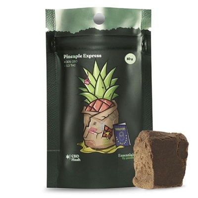 Embalagem preta de CBD Hash Pineapple Express com ilustração de ananás e bloco de resina castanha