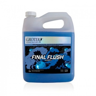 Frasco grande branco com líquido azul e rótulo 'FINAL FLUSH' da GROTEK