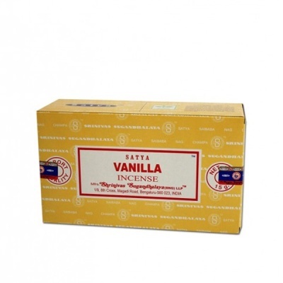Caixa de incenso SATYA Vanilla amarela e branca com texto vermelho e azul
