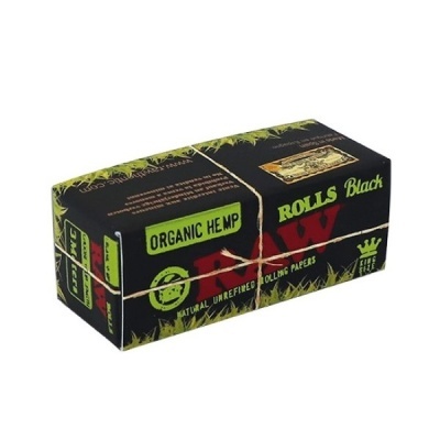 Pacote preto RAW Organic Hemp Rolls Black com cordel e folhas de cânhamo