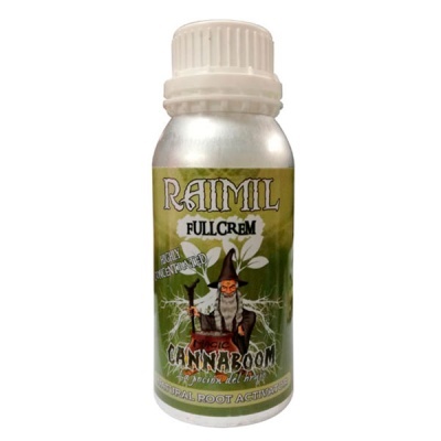 Frasco metálico com rótulo verde e imagem de mago, texto RAIMIL FULLCREM MAGIC CANNABOOM