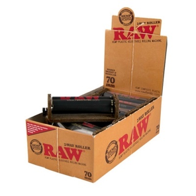 Caixa de máquinas para enrolar papel RAW em plástico preto e dourado, com texto RAW e 70 mm.