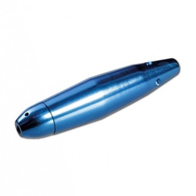 Objeto metálico cilíndrico azul brilhante com furos