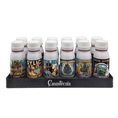 Conjunto de 12 frascos plásticos com etiquetas coloridas, base preta com logo Cannotecnia.