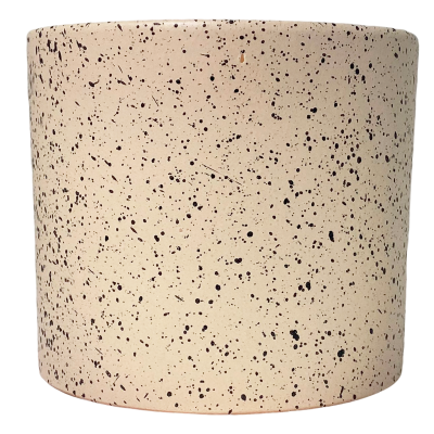 Vaso cilíndrico de cerâmica bege com pontos pretos