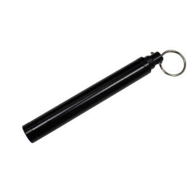 Porta cápsulas preto cilíndrico com tampa rosqueável e argola metálica