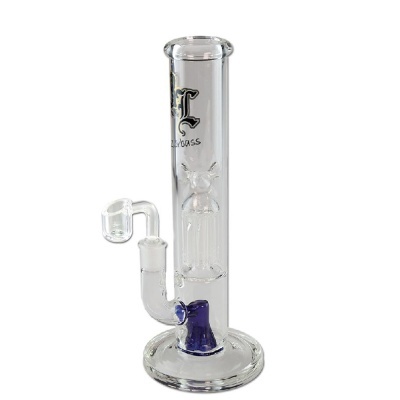 Bong de vidro transparente com base azul e texto Zorbass