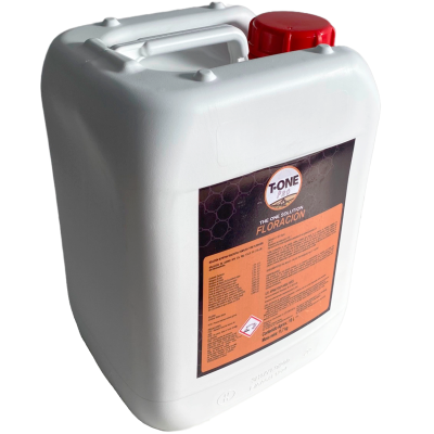 Garrafa plástica branca com tampa vermelha e rótulo preto e laranja T-ONE PRO FLORACION