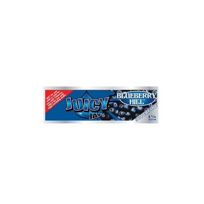 Embalagem azul e branca de papel de enrolar Juicy Jays sabor mirtilo.