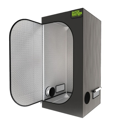 Cabine de cultivo interior preta com porta de malha aberta e interior metálico prateado