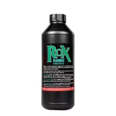 Garrafa preta de Rox Flower Enhancer com etiqueta verde e branca
