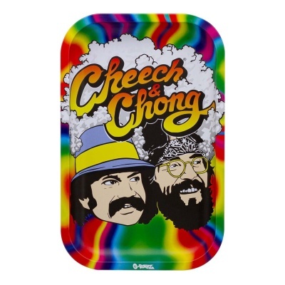 Tabuleiro com ilustração Cheech & Chong e padrão psicadélico