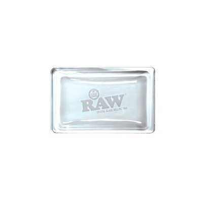 Tabuleiro de vidro transparente RAW com texto impresso