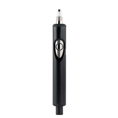 Apontador elétrico preto com botão circular prateado.
