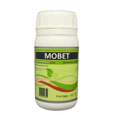 Frasco branco de solução potássica MOBET com etiqueta verde e preta