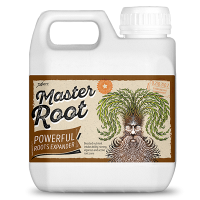 Recipiente branco com rótulo castanho e ilustração de rosto feito de raízes