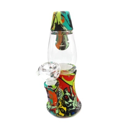 Bong de vidro com base e topo coloridos e cachimbo transparente
