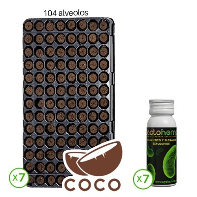 Bandeja preta com 104 alvéolos preenchidos com substrato castanho e uma garrafa branca com rótulo preto e verde