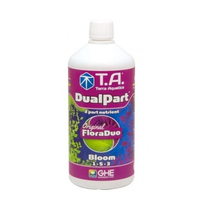 Frasco do produto DualPart Original FloraDuo Bloom com rótulo roxo e branco.