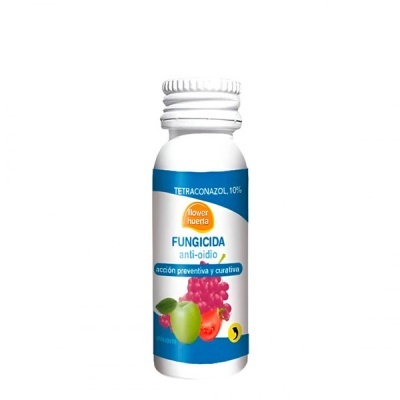 Frasco branco de fungicida anti-ídio com rótulo azul e branco com frutas