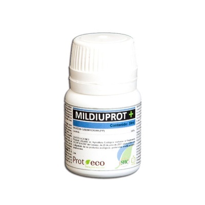 Frasco branco MILDIUPROT+ com rótulo e texto colorido em fundo branco