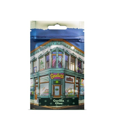 Embalagem azul com ilustração de edifício e texto Goodies Gorilla Glue