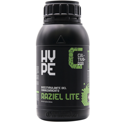 Frasco preto de bioestimulante Raziel Lite com tampa e rótulo preto com texto em branco e verde